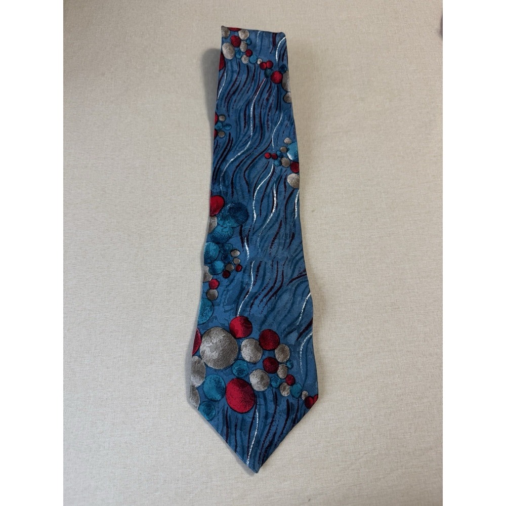 JT Beckett Silk Tie Blue Red Abstract Sphere Pattern Made in USA Vintage 57" EUC